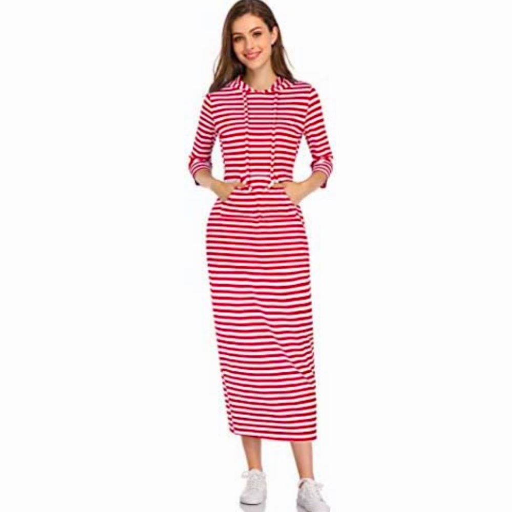 Red & White Striped Maxi Dress with Hood